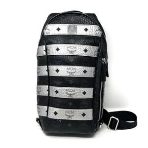 MCM Stark Stripe Visetos Leather Sling Backpack Crossbody Bag Black Silver
